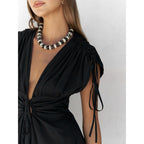 Damen elegante Maxi-Kleid mit raffiniertem Wickeldesign und tiefem V-Ausschnitt R&B