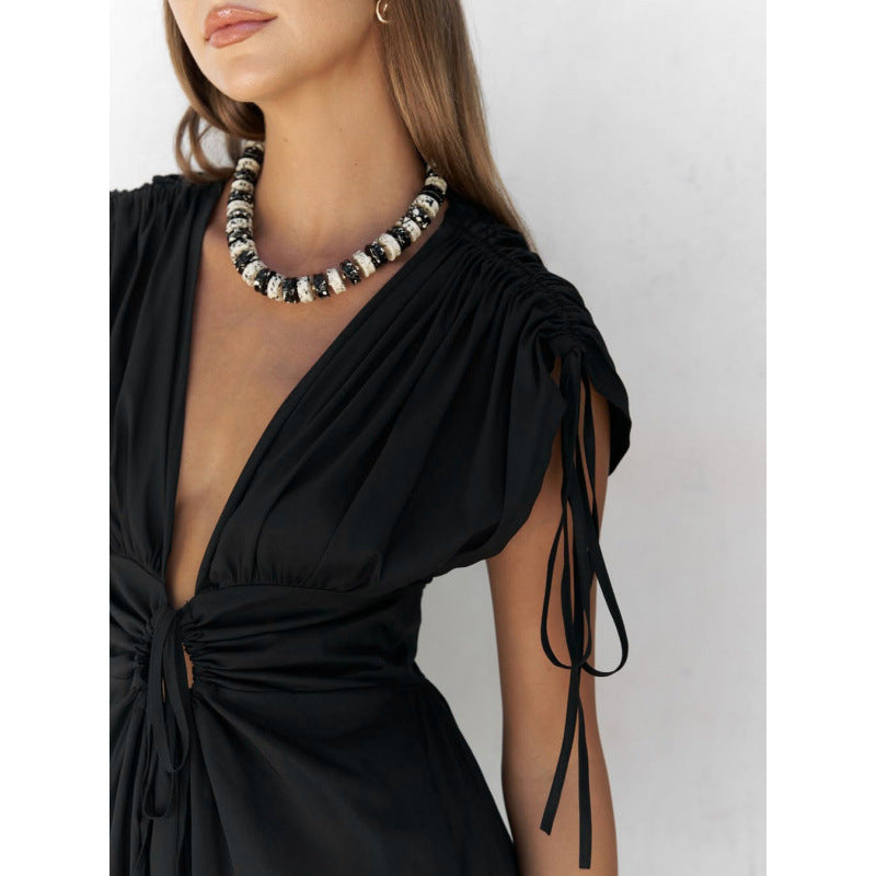 Damen elegante Maxi-Kleid mit raffiniertem Wickeldesign und tiefem V-Ausschnitt R&B
