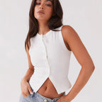 Damen ärmelloses Knopfschalenshirt aus Rippenstoff mit modernem Schnitt R&B