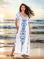 Damen eleganter Strandüberwurf mit filigranem Stickereidesign R&B