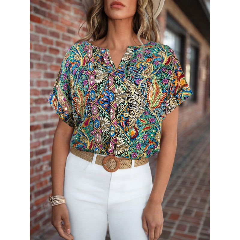 Damen Kurzarm Bluse mit buntem Druck und V-Ausschnitt R&B