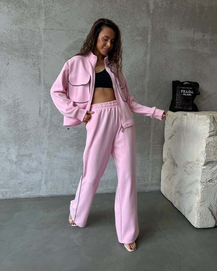 Damen sportliches Fleece-Set mit modischen Kontrasten und praktischen Taschen R&B