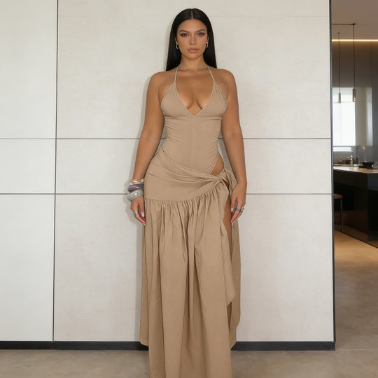 Damen Elegantes Bodenkleid mit Wickeldesign und Raffungen R&B