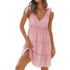 Damen lässiges V-Ausschnitt-Kleid mit Rüschendetails und verstellbaren Trägern R&B