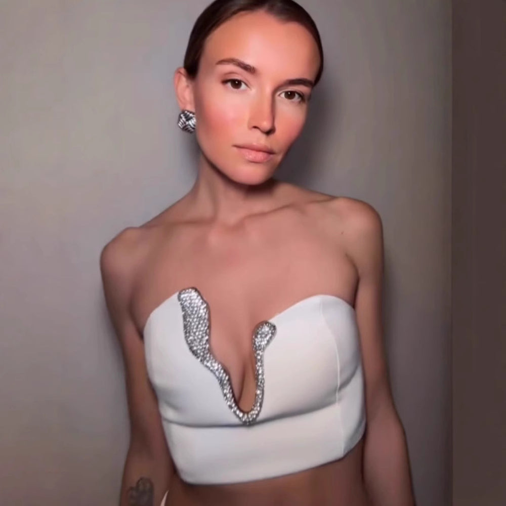 Damen Figurbetontes Crop-Top mit funkelndem Ausschnitt und Rock R&B