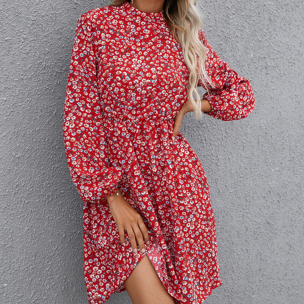 Damen florales Midikleid mit hochgeschlossenem Kragen und Taillengürtel R&B