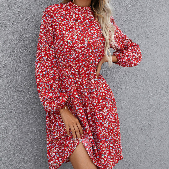 Damen florales Midikleid mit hochgeschlossenem Kragen und Taillengürtel R&B