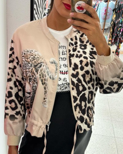 Damen entspannte Bomberjacke mit extravagantem Leoparden-Motiv R&B