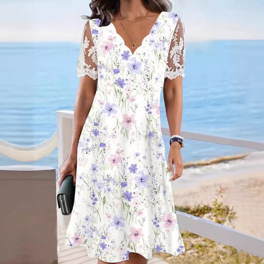 Damen nan A-Linien-Midikleid mit wellenförmigem V-Ausschnitt, ganzflächigem Blumenmuster und transparenten Spitzenärmeln R&B