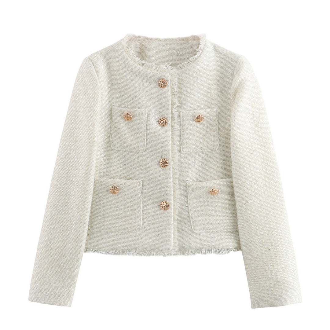 Damen elegante kurz geschnittene Blazerjacke mit strukturiertem Gewebe und goldenen Knopfdetails R&B