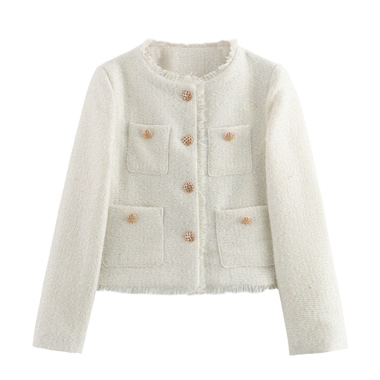 Damen elegante kurz geschnittene Blazerjacke mit strukturiertem Gewebe und goldenen Knopfdetails R&B