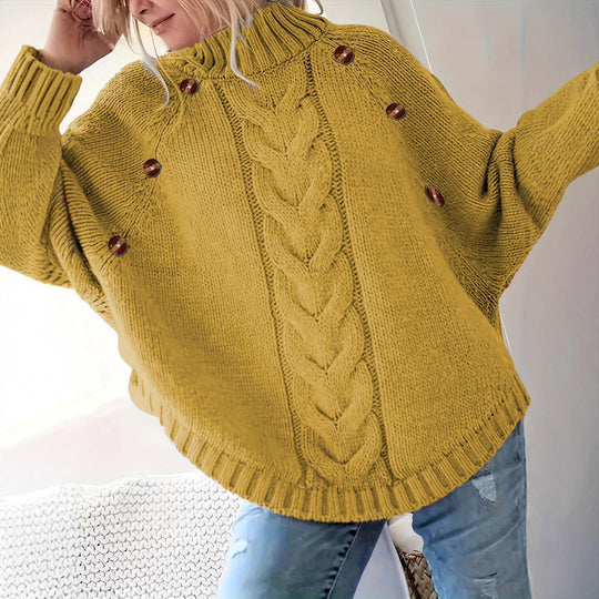 Damen Oversized Strickpullover mit Hochkragen und dekorativen Knopfdetails R&B