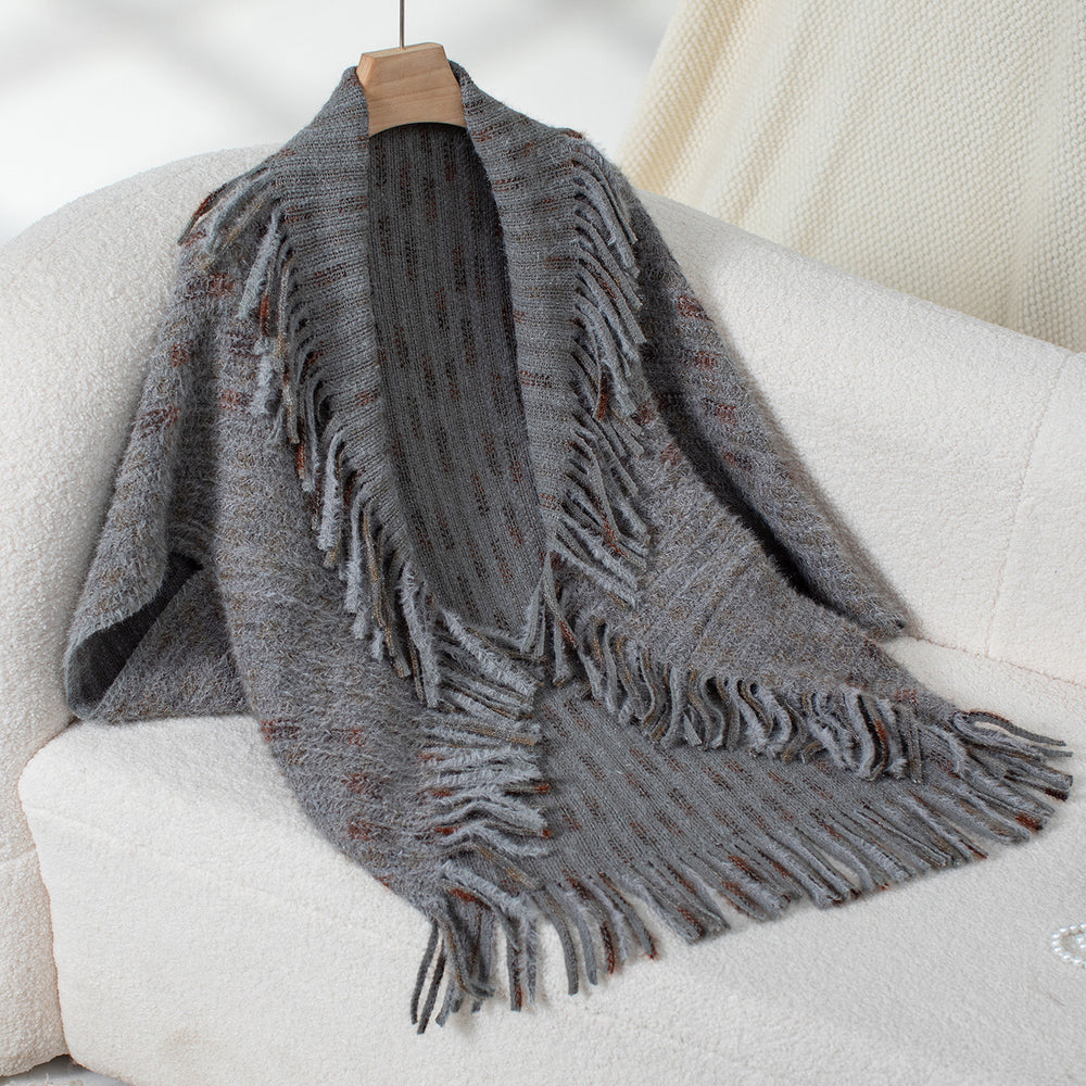 Damen eleganter Poncho mit fransigen Details und modernem Karomuster R&B