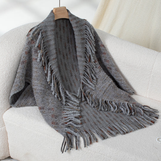 Damen eleganter Poncho mit fransigen Details und modernem Karomuster R&B