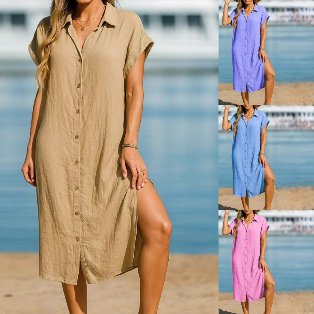 Damen lässiges Kurzarmhemdkleid mit Knopfleiste und seitlichen Schlitzen R&B