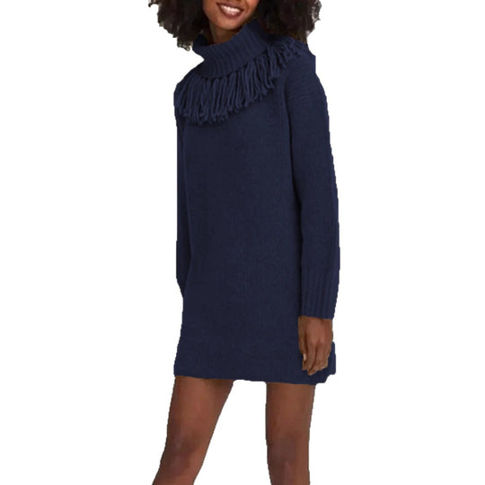 Damen Strickkleid mit hohem Rollkragen und modischen Fransen R&B