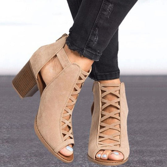 Damen Peep-Toe Stiefeletten im Schnürdesign mit Blockabsatz R&B