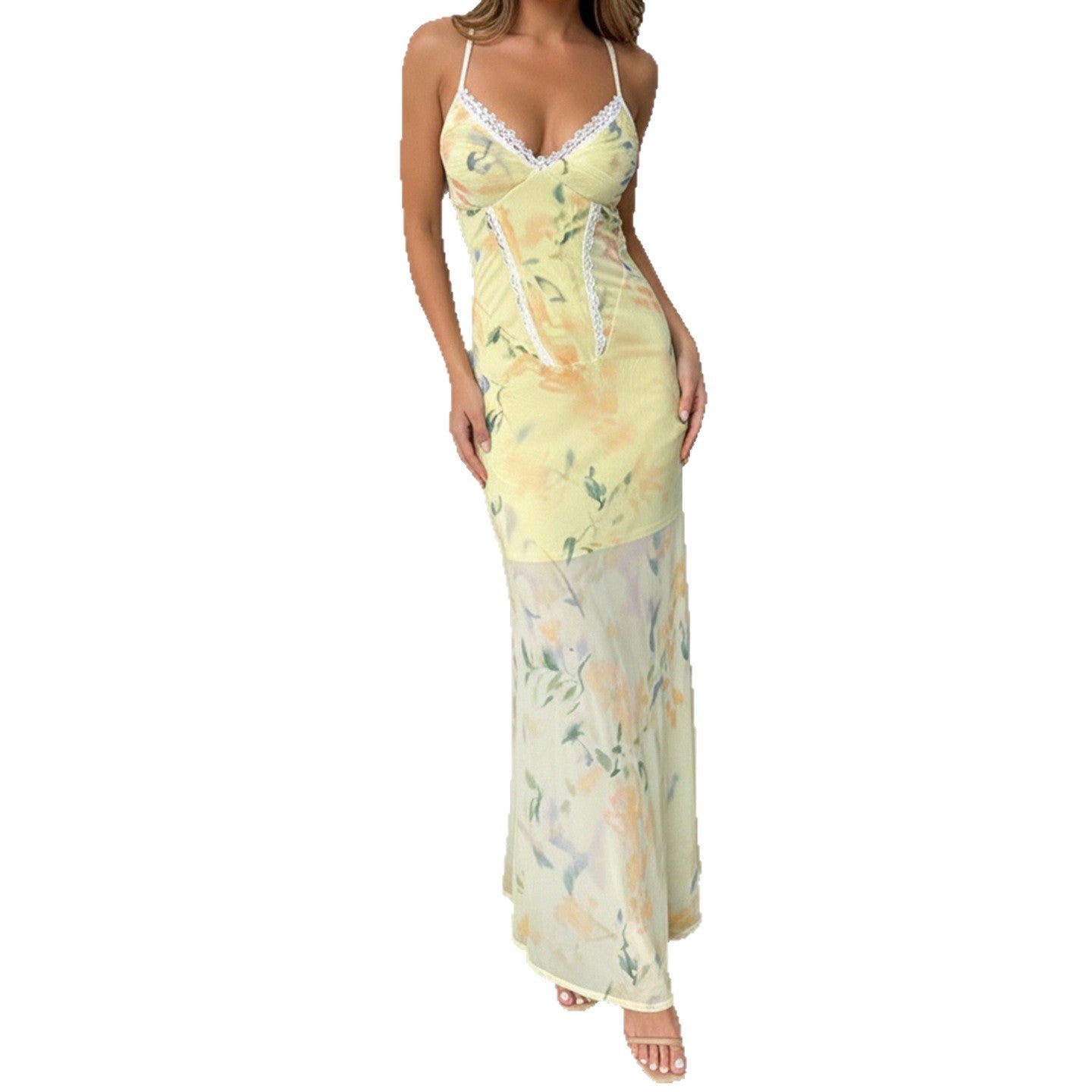 Damen Blumen Maxikleid mit raffinierten Spaghettiträgern und Spitzen-Akzenten R&B