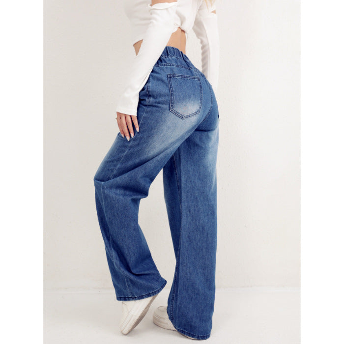 Damen weite Denim-Hose mit elastischem Bund und lässigem Schnitt R&B