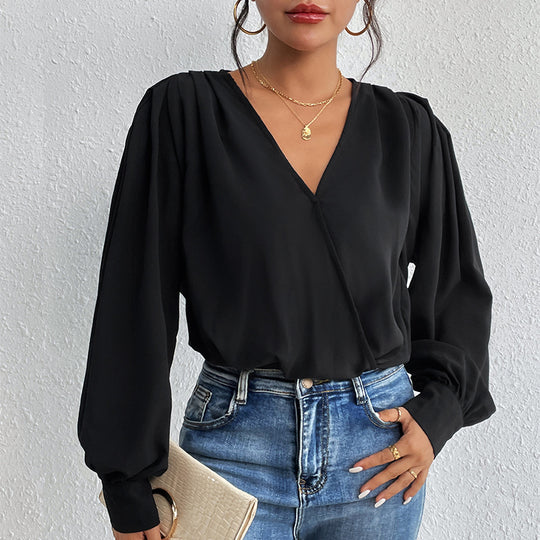 Damen elegante Bluse mit voluminösen Ärmeln und tiefem V-Ausschnitt R&B