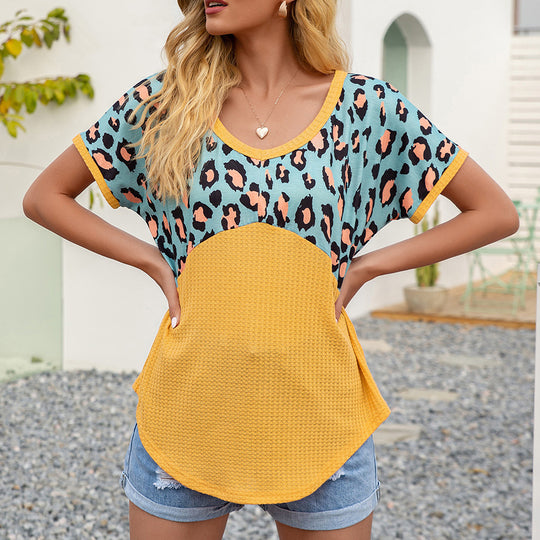 Damen lässiges T-Shirt mit Leopardenmuster und asymmetrischem Schnitt R&B