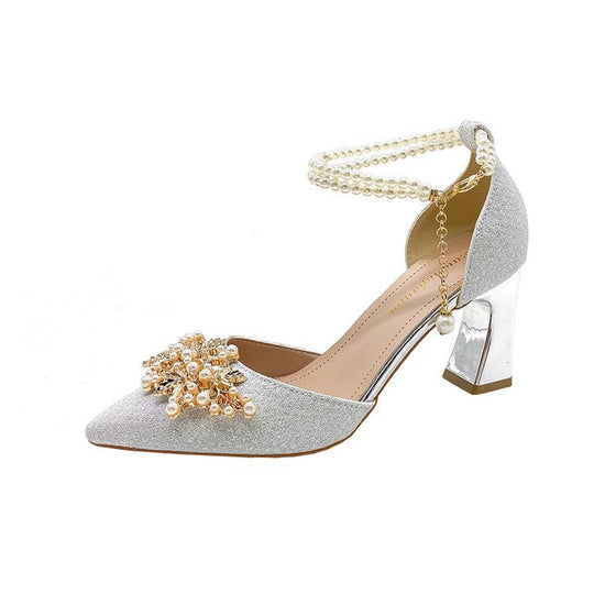 Damen elegante Pumps mit Perlenschmuck und glitzerndem Absatz R&B