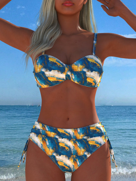 Damen Bikini-Set mit stilvollem Karomuster und goldfarbenen Akzenten R&B