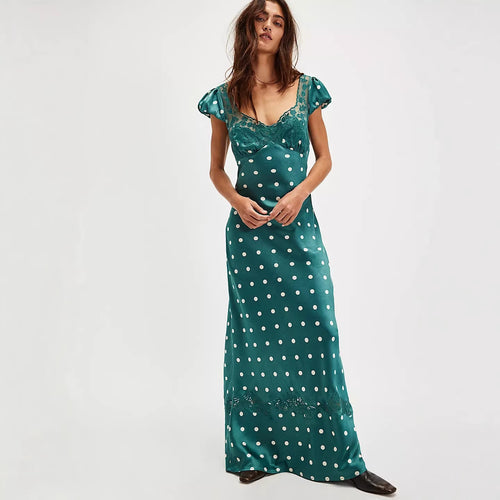 Damen Elegantes Maxikleid mit Polka-Dots und romantischem Rückenausschnitt R&B
