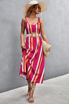 Damen Maxikleid mit modischen Streifen und taillierendem Gürtel R&B