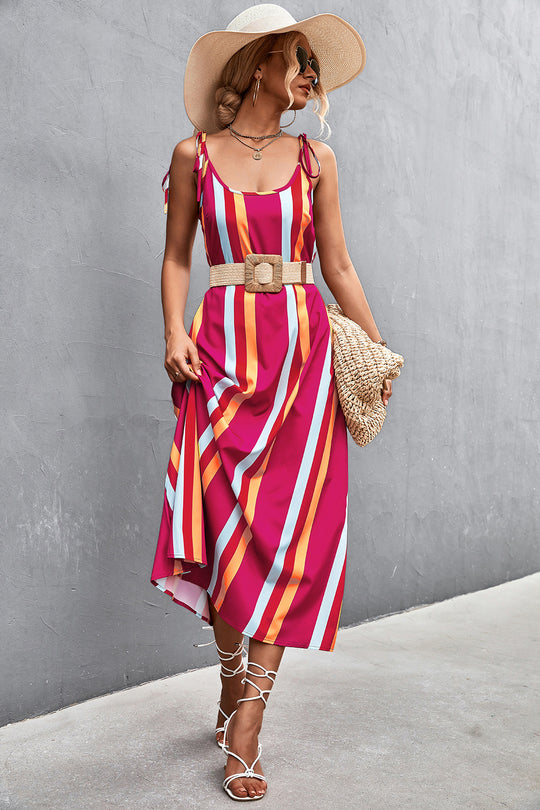 Damen Maxikleid mit modischen Streifen und taillierendem Gürtel R&B