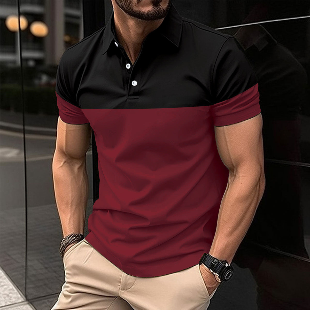 Herren Kurzarm-Polohemd mit kontrastierenden Farbblöcken und modernem Schnitt R&B