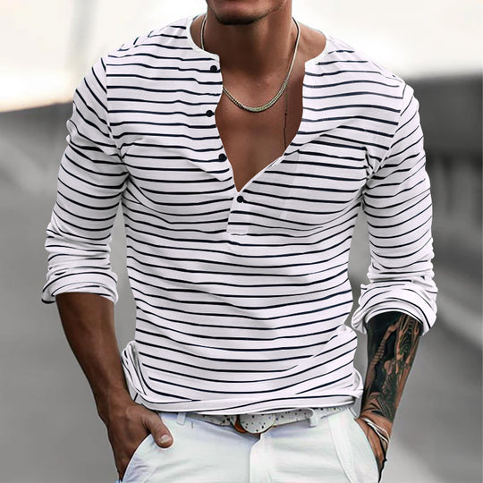 Herren Langarm-Henley-Shirt mit modischem Streifenmuster R&B