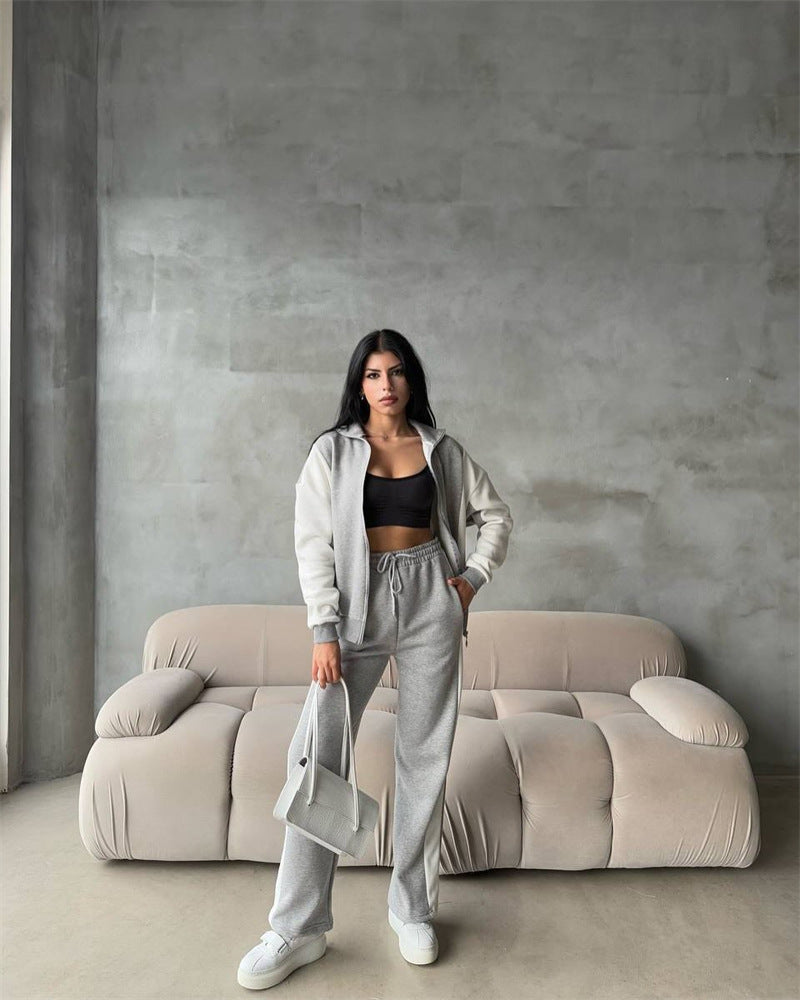 Damen sportlicher Velours Jogginganzug mit Reißverschluss und seitlichen Streifen R&B