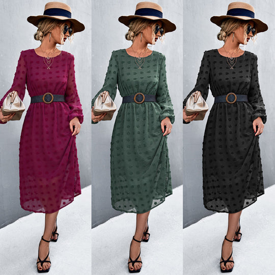 Damen Chiffonkleid mit elegantem Strukturmuster und modischem Gürtel R&B