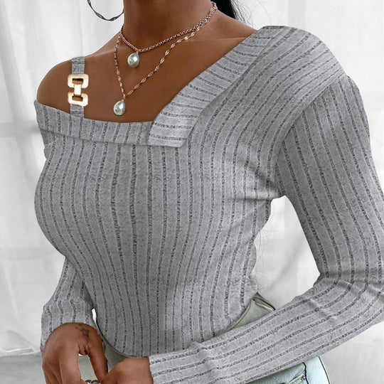 Damen Langarm-Oberteil mit asymmetrischem Ausschnitt und dekorativem Design R&B