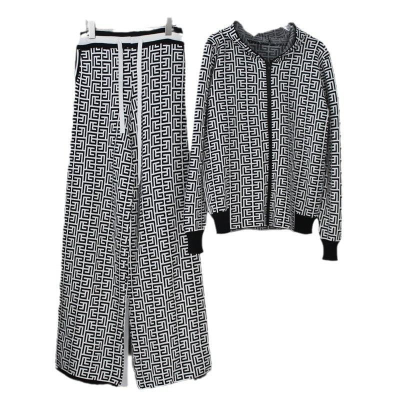 Damen modisches Strick-Loungewear-Set mit grafischem Muster R&B