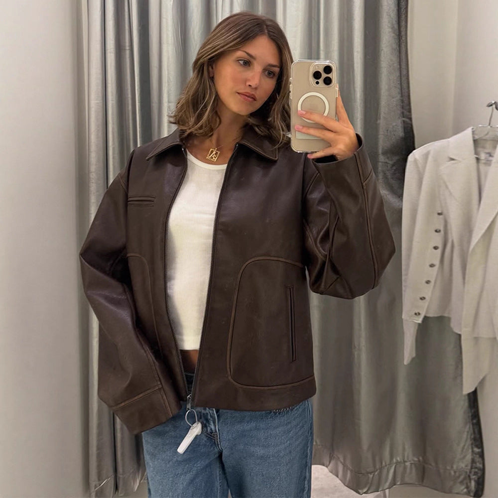 Damen modische Kunstlederjacke mit praktischen Eingrifftaschen und stylishen Details R&B
