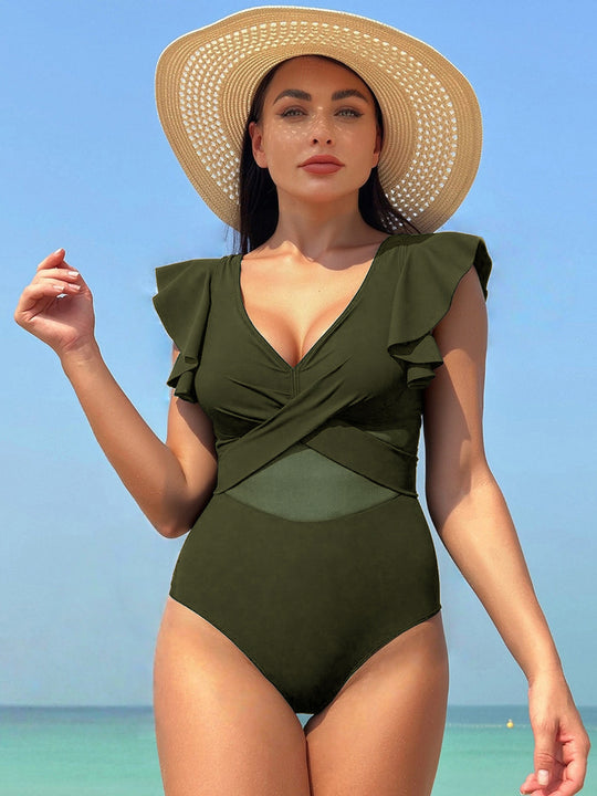 Damen Eleganter Einteiler Badeanzug mit asymmetrischem Rüschendesign R&B