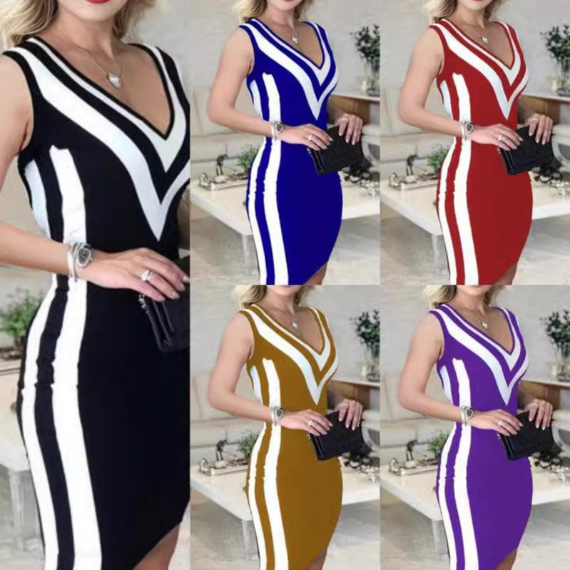 Damen Figurbetontes Minikleid mit V-Ausschnitt und Kontraststreifen R&B
