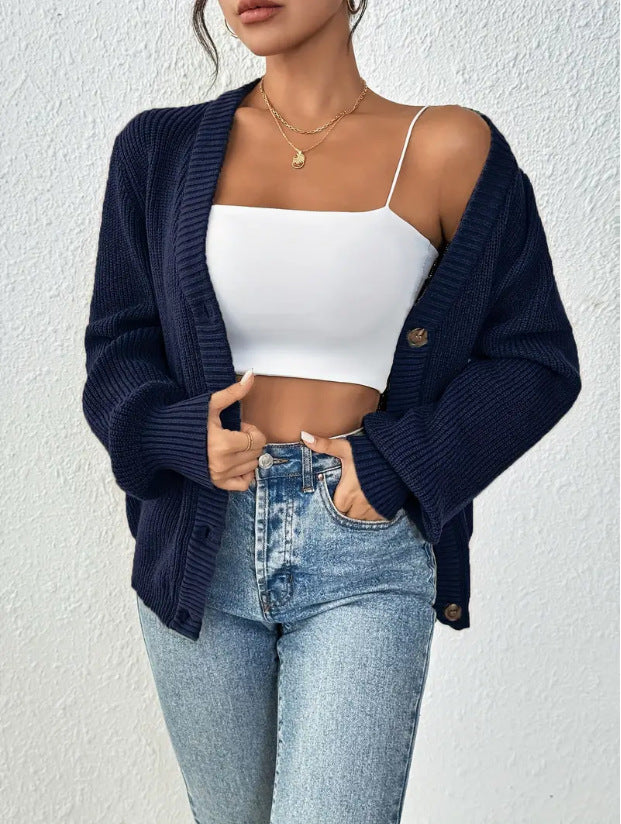 Damen Grobstrickjacke mit knöpfen und weitem Schnitt R&B