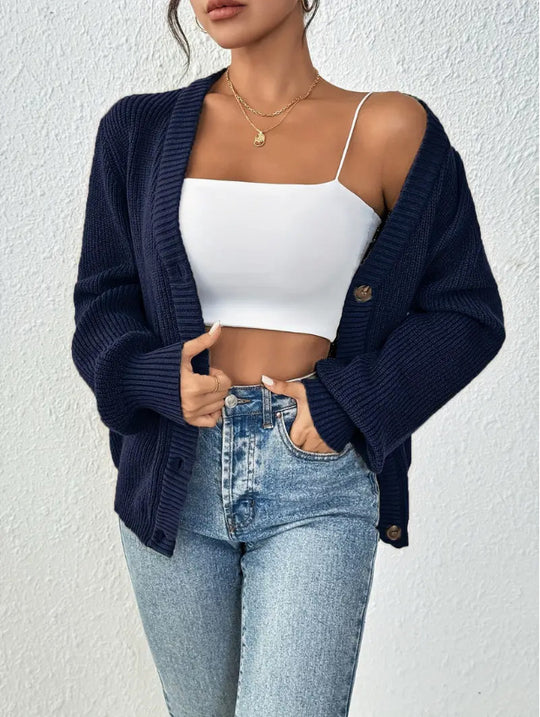 Damen Grobstrickjacke mit knöpfen und weitem Schnitt R&B