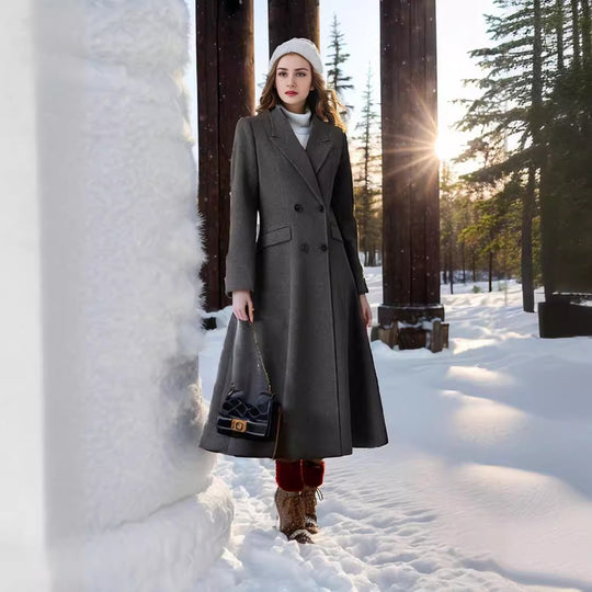 Damen eleganter Maximantel mit doppelter Knopfreihe und weit schwingendem Rock R&B