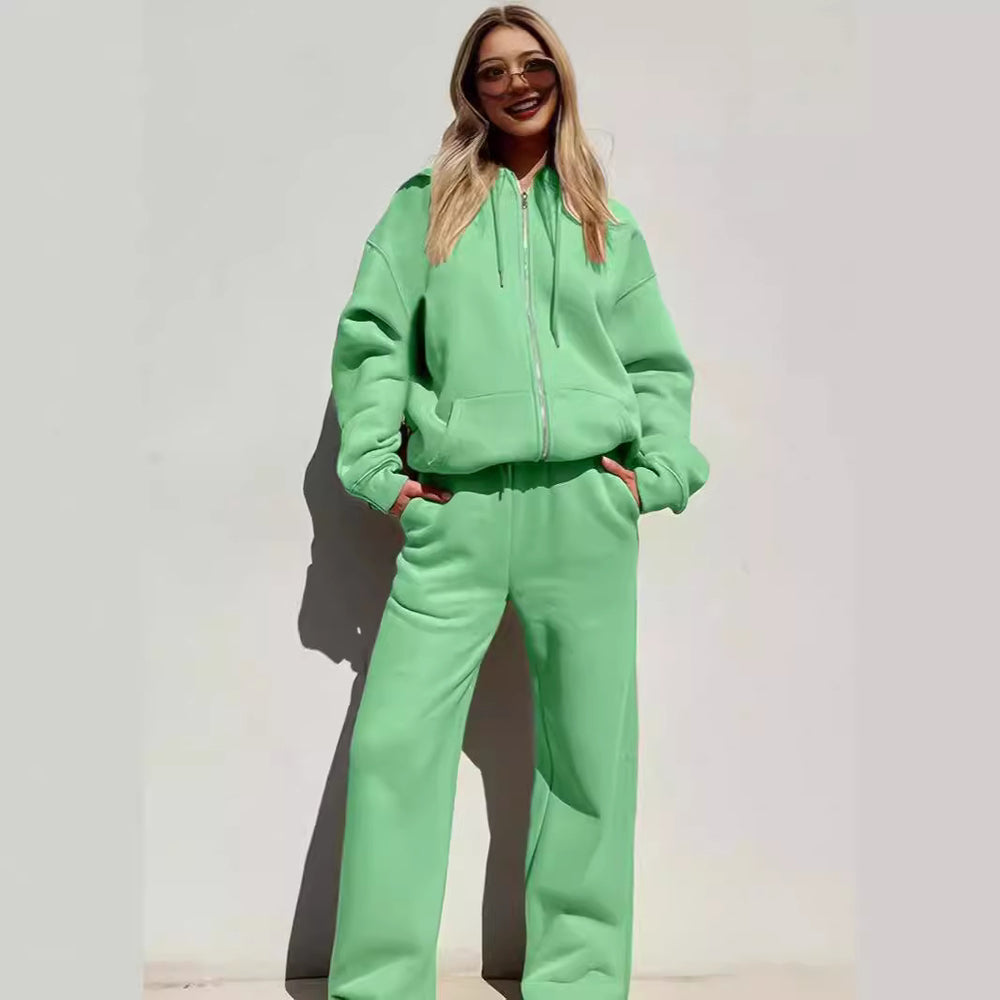 Damen bequemer und stilvoller Loungewear-Anzug mit zipbarem Hoodie und weitem Bein R&B