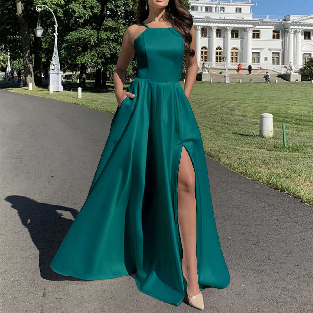 Damen Abendkleid mit raffiniertem Beinschlitz und schmalen Trägern R&B