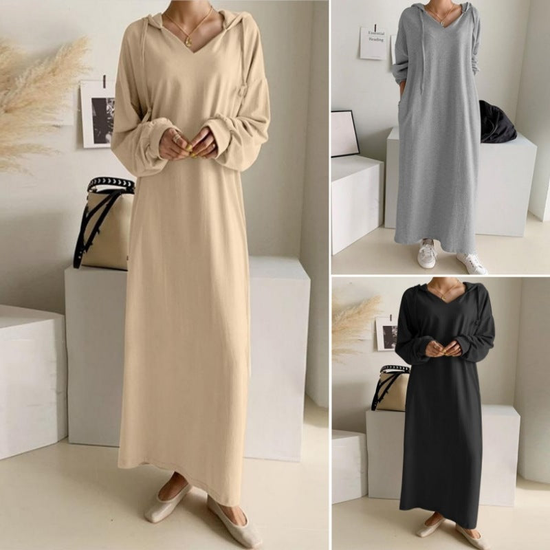 Damen nan lässiges Kapuzen-Maxikleid mit V-Ausschnitt, langen Ärmeln, lockerem geradem Schnitt und elastischen Bündchen R&B