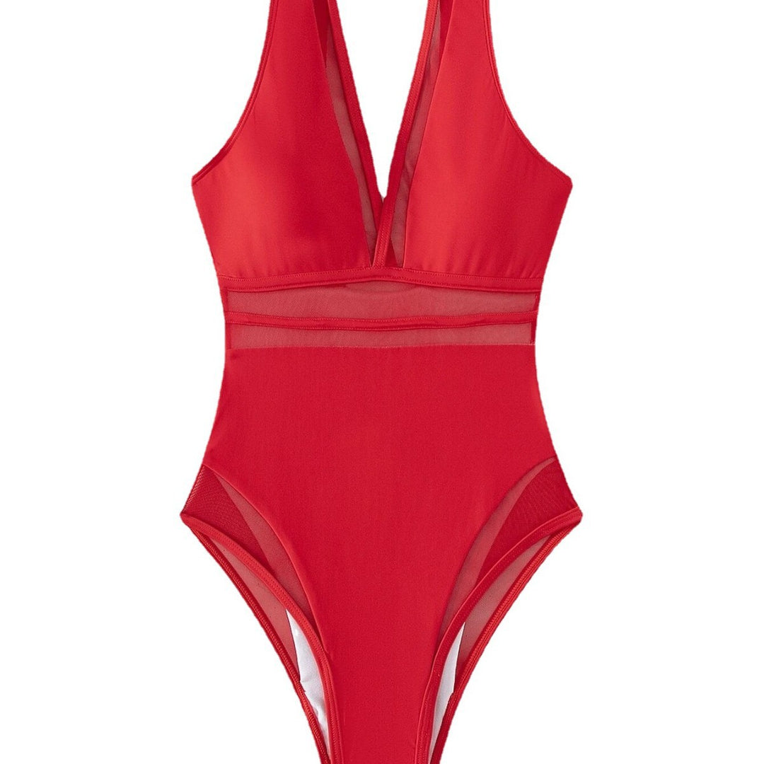Damen Badeanzug mit transparenten Einsätzen und V-Ausschnitt R&B