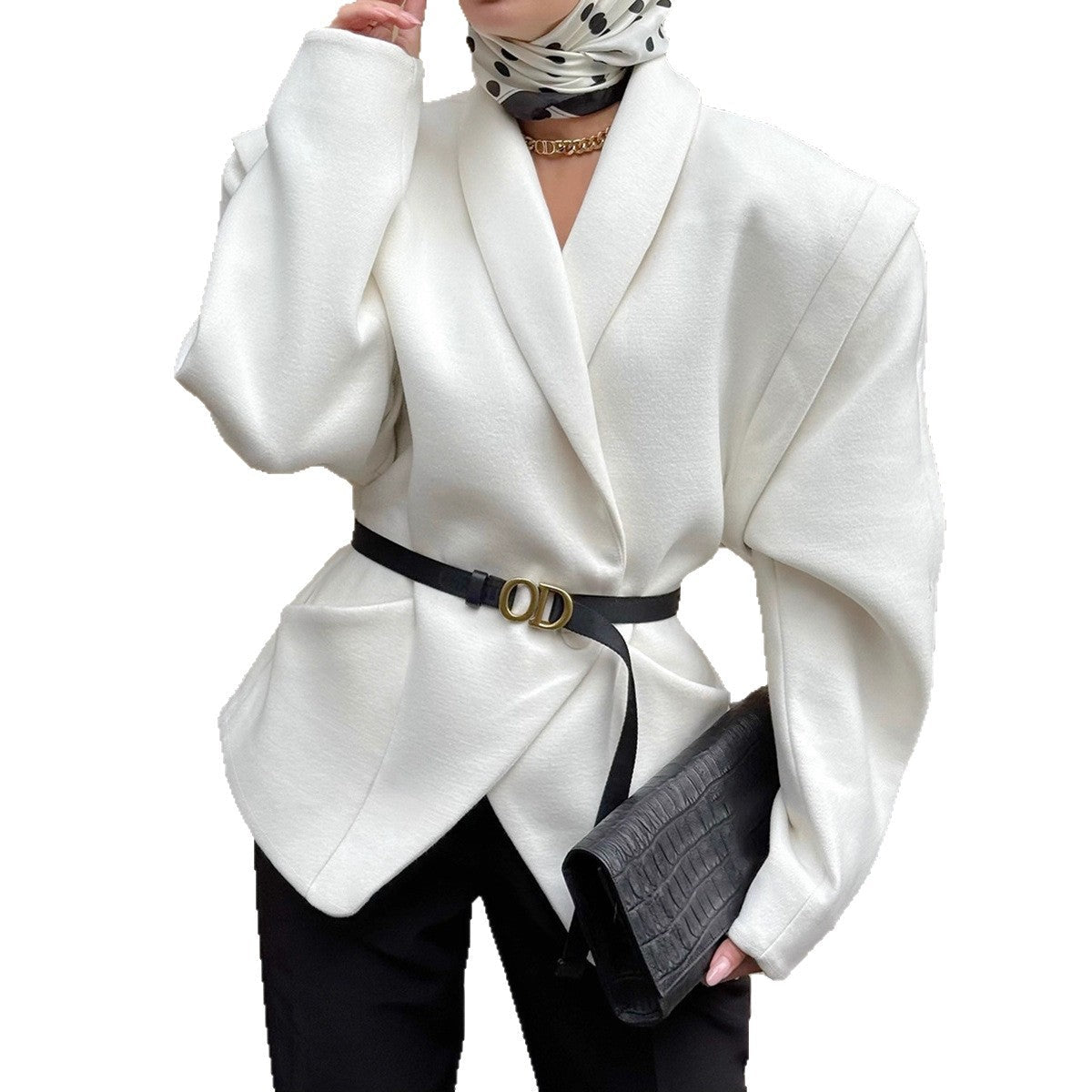 Damen Modischer Oversized-Wollmantel mit tailliertem Design und Gürtel R&B
