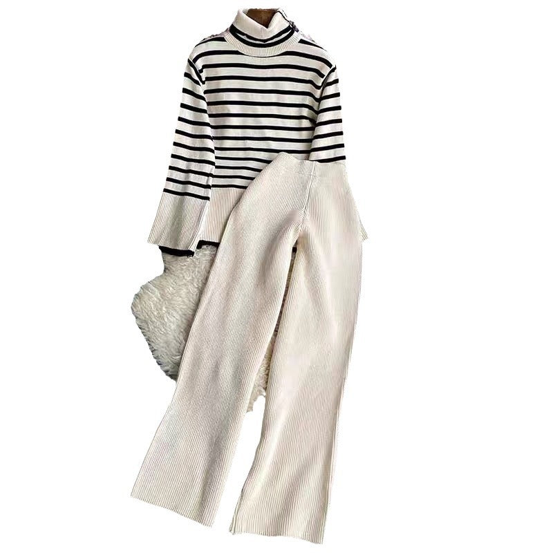 Damen elegantes gestreiftes Strickensemble mit hohem Kragen und weitem Bein R&B