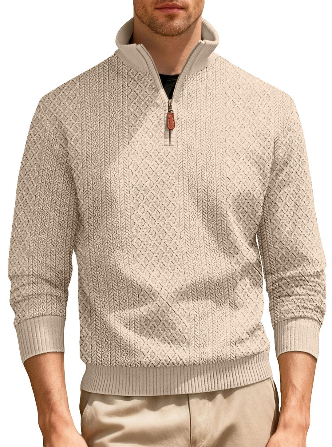 Herren nan feinstrukturierter Halbzip-Pullover im Jacquard-Relief mit hohem Stehkragen und Leder-Zipper R&B