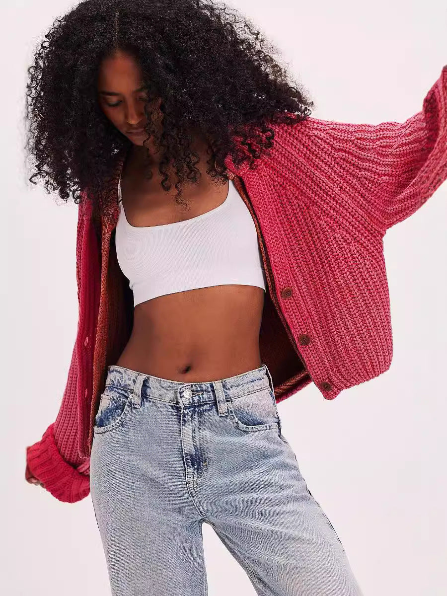 Damen lässige Strickjacke mit dekorativem Knopfverschluss und voluminösen Ärmeln R&B